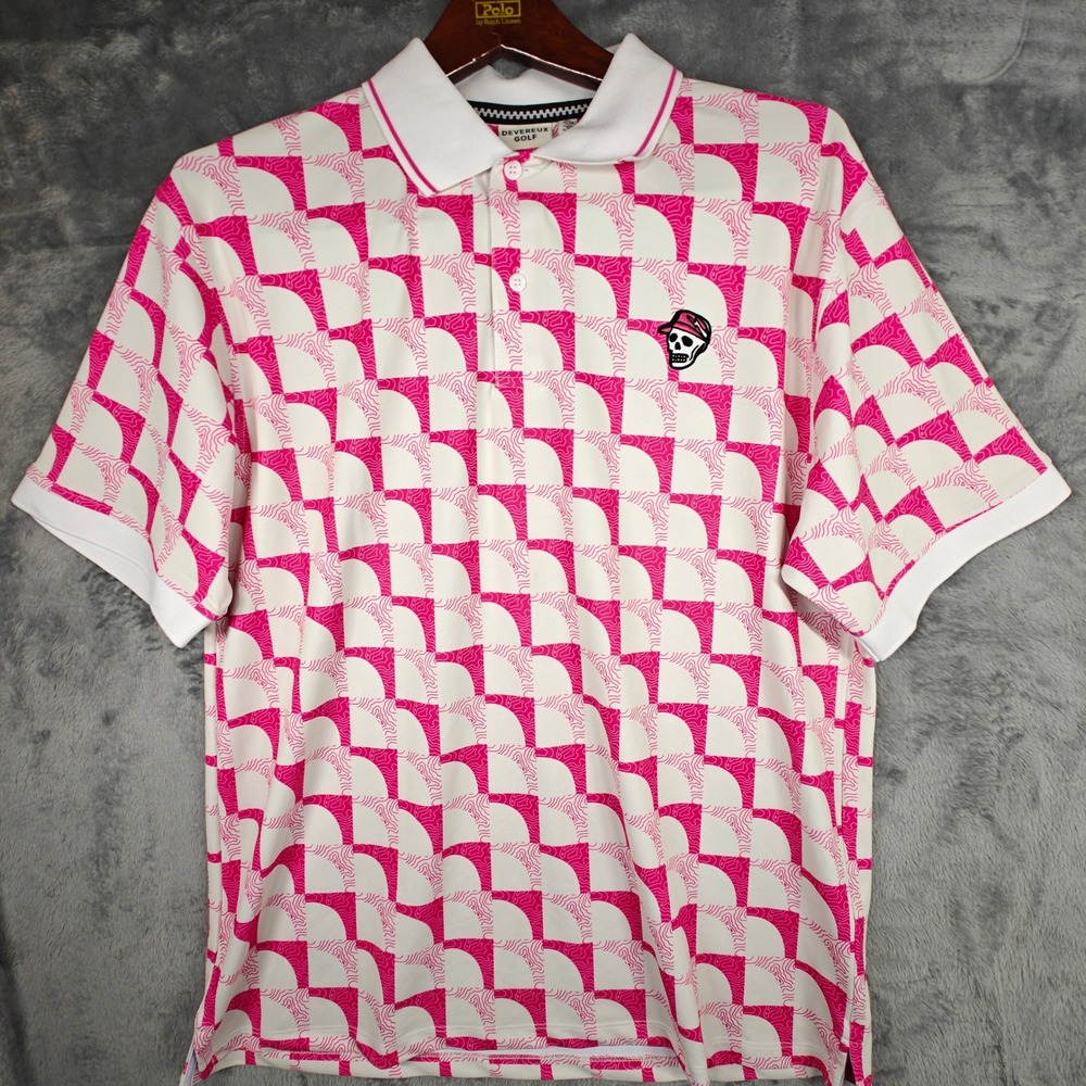 Devereux Golf Mens Pink White Topo Print Polo Shirt T-Mobile Logo Size M NEW